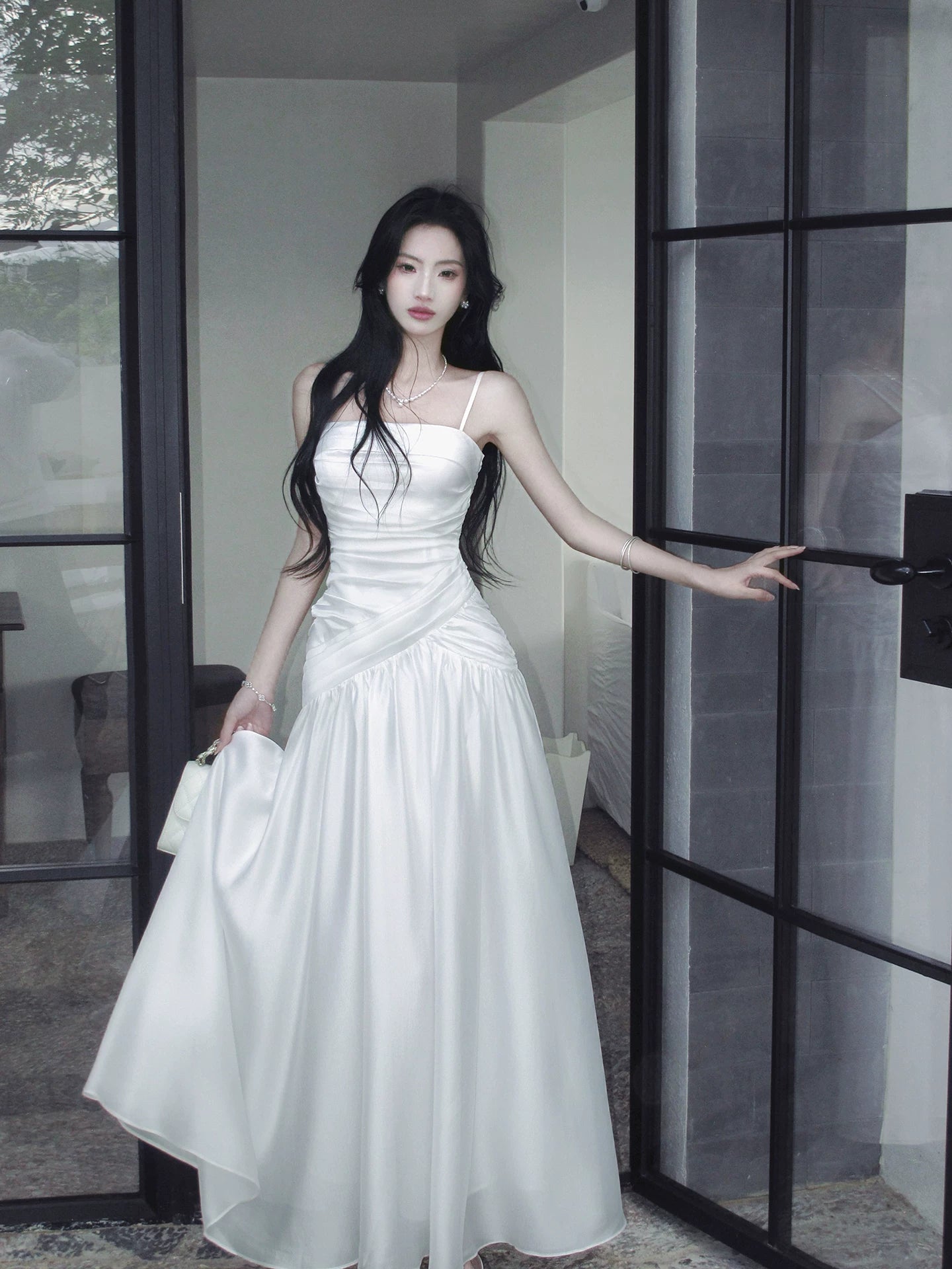 Spaghetti Straps  White Satin Wedding Dress Graduation Dress  P1621