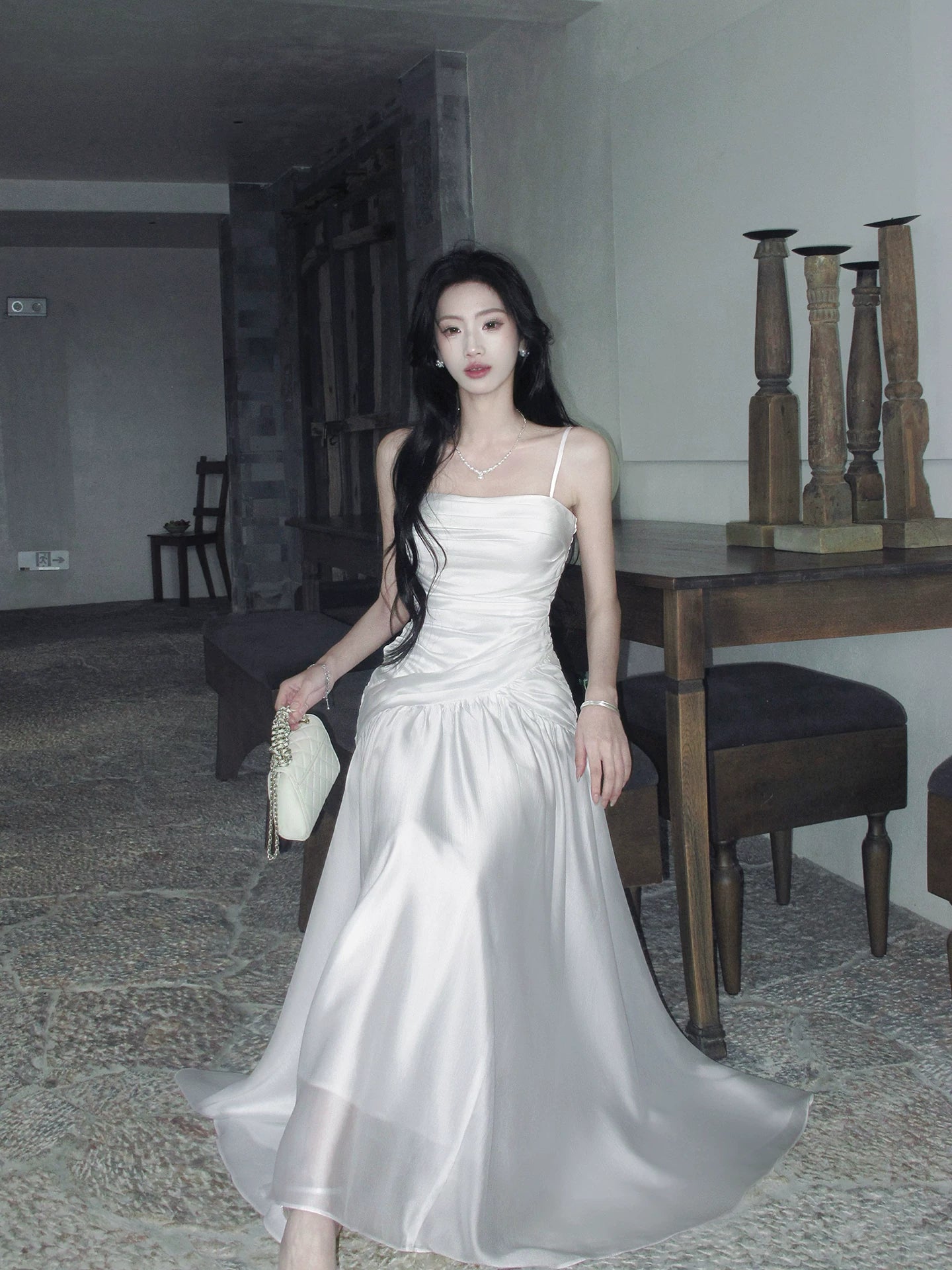 Spaghetti Straps  White Satin Wedding Dress Graduation Dress  P1621