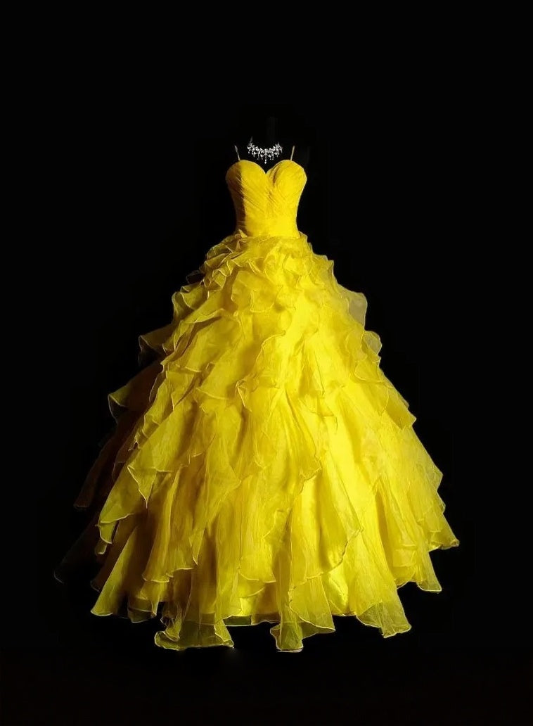 Spaghetti Straps Yellow Chiffon Prom Dress Ruffled Birthday Dress   P1772