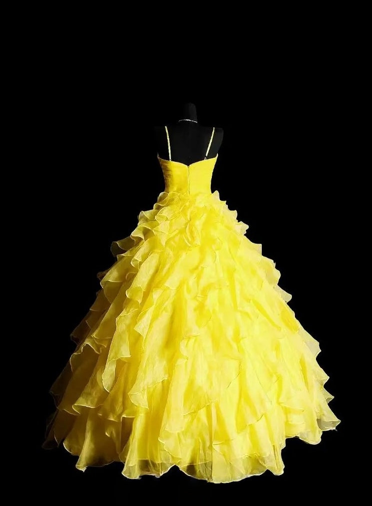 Spaghetti Straps Yellow Chiffon Prom Dress Ruffled Birthday Dress   P1772