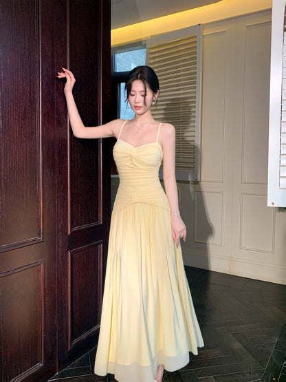 Spaghetti Straps Yellow Formal Prom Dress Summer Wedding Guest Dress  P1626
