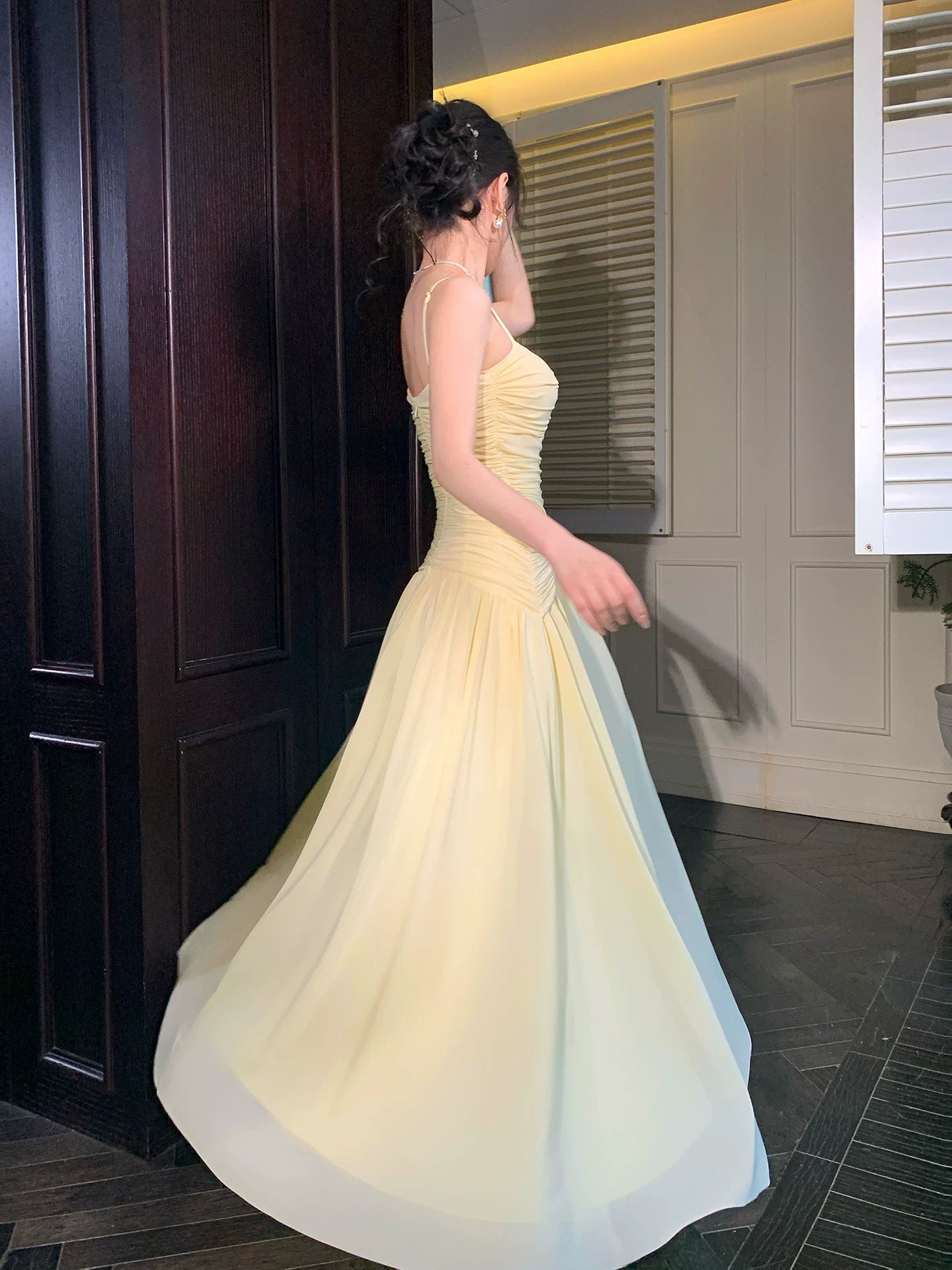 Spaghetti Straps Yellow Formal Prom Dress Summer Wedding Guest Dress  P1626