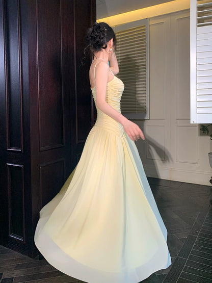 Spaghetti Straps Yellow Formal Prom Dress Summer Wedding Guest Dress  P1626