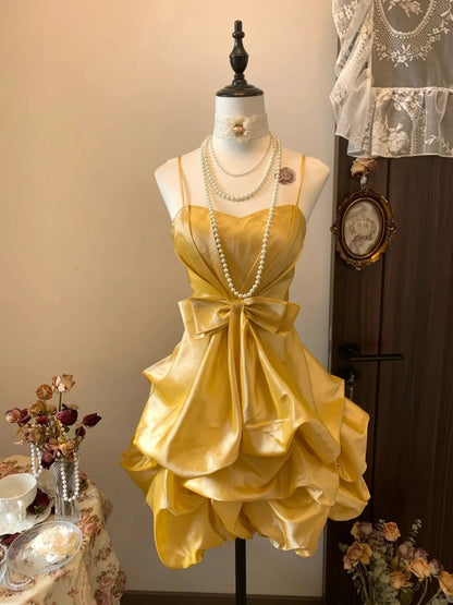 Spaghetti Straps Yellow Satin Mini Retro Birthday Dress   P2157
