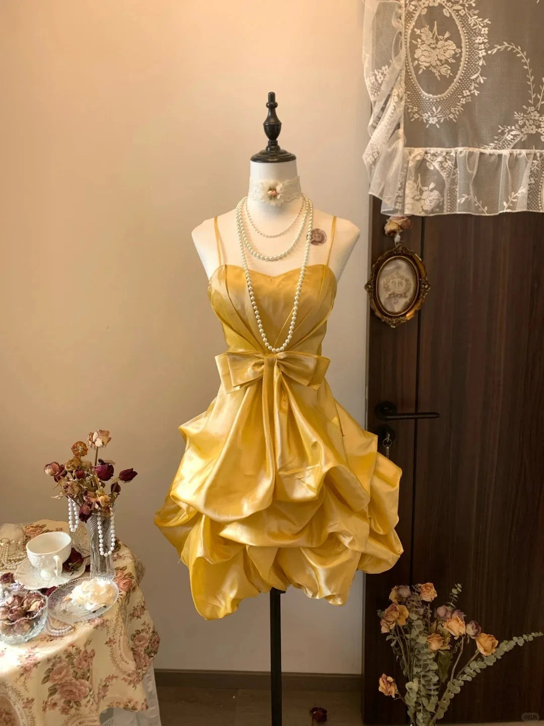 Spaghetti Straps Yellow Satin Mini Retro Birthday Dress   P2157