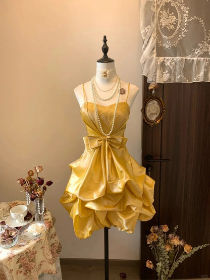 Spaghetti Straps Yellow Satin Mini Retro Birthday Dress   P2157