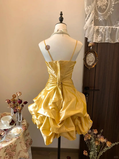 Spaghetti Straps Yellow Satin Mini Retro Birthday Dress   P2157