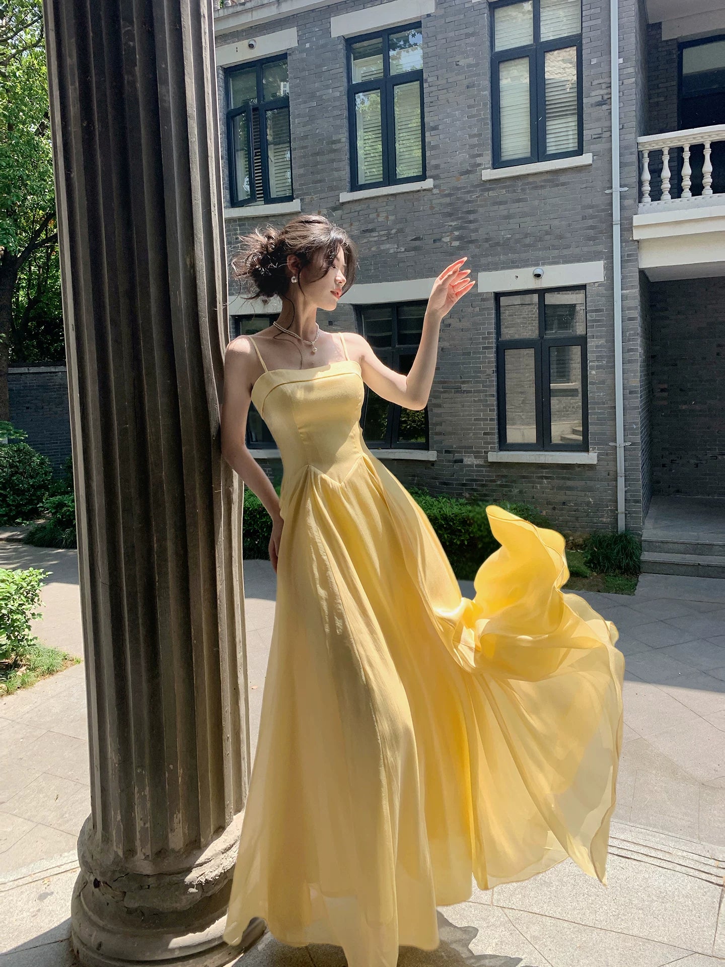 Spaghetti Straps Yellow Satin Prom Dress A Line Evening Gown  P1620