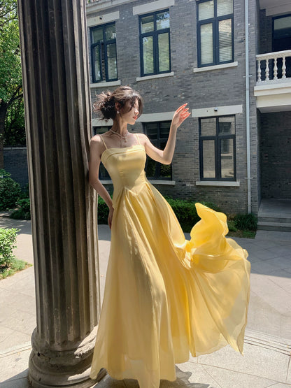 Spaghetti Straps Yellow Satin Prom Dress A Line Evening Gown  P1620