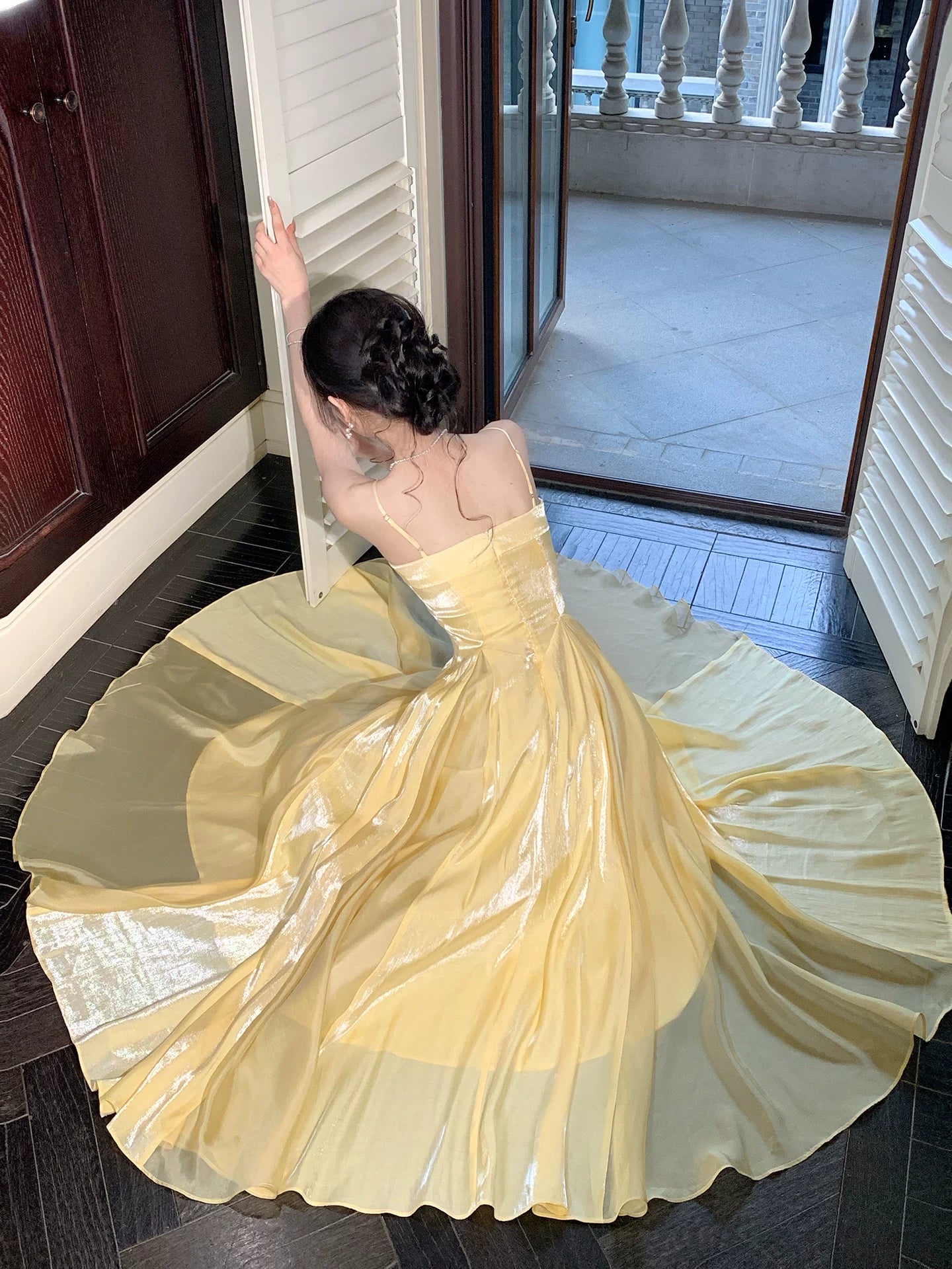 Spaghetti Straps Yellow Satin Prom Dress A Line Evening Gown  P1620