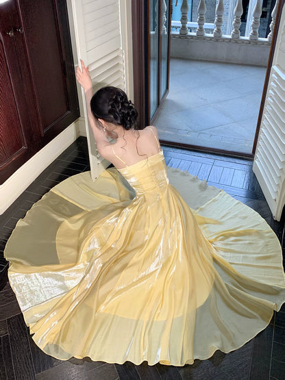 Spaghetti Straps Yellow Satin Prom Dress A Line Evening Gown  P1620