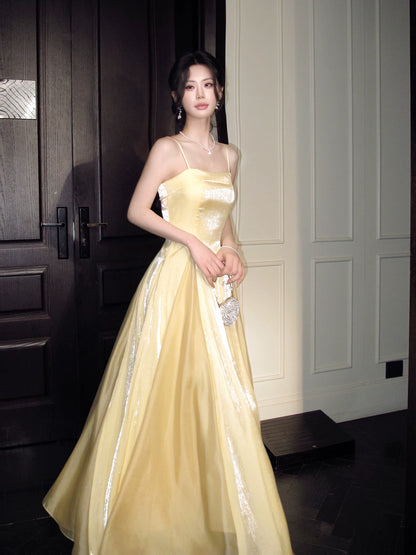 Spaghetti Straps Yellow Satin Prom Dress A Line Evening Gown  P1620