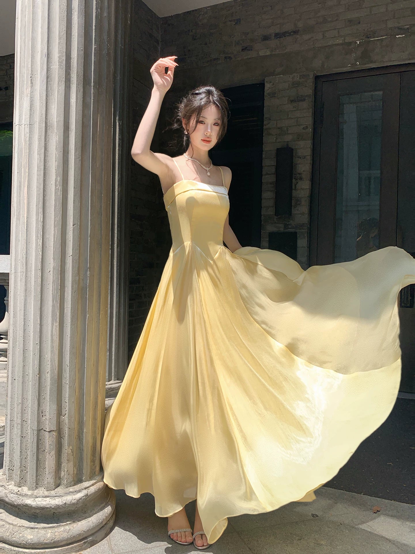 Spaghetti Straps Yellow Satin Prom Dress A Line Evening Gown  P1620