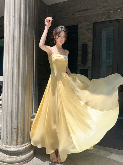 Spaghetti Straps Yellow Satin Prom Dress A Line Evening Gown  P1620