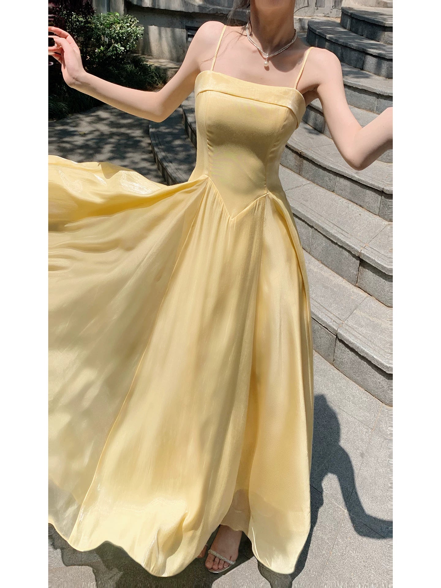 Spaghetti Straps Yellow Satin Prom Dress A Line Evening Gown  P1620