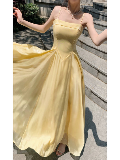 Spaghetti Straps Yellow Satin Prom Dress A Line Evening Gown  P1620