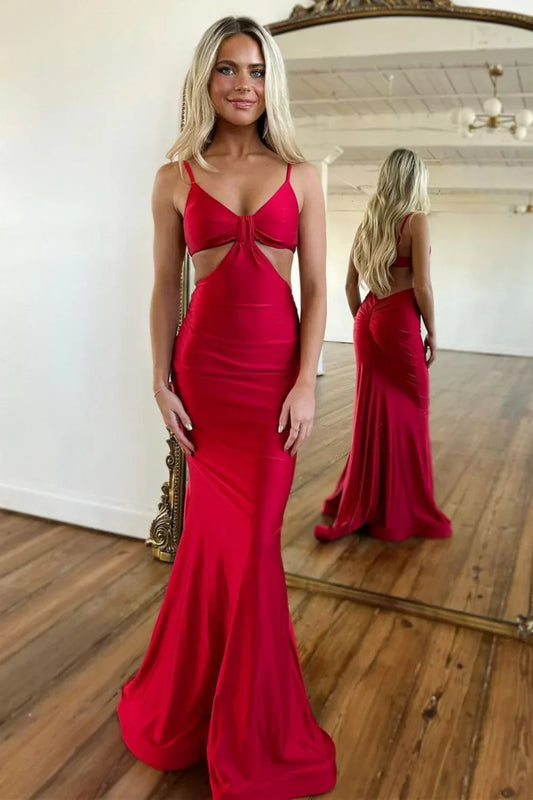 Spaghetti Straps Red Backless Prom Dress Satin Formal Dress  P957