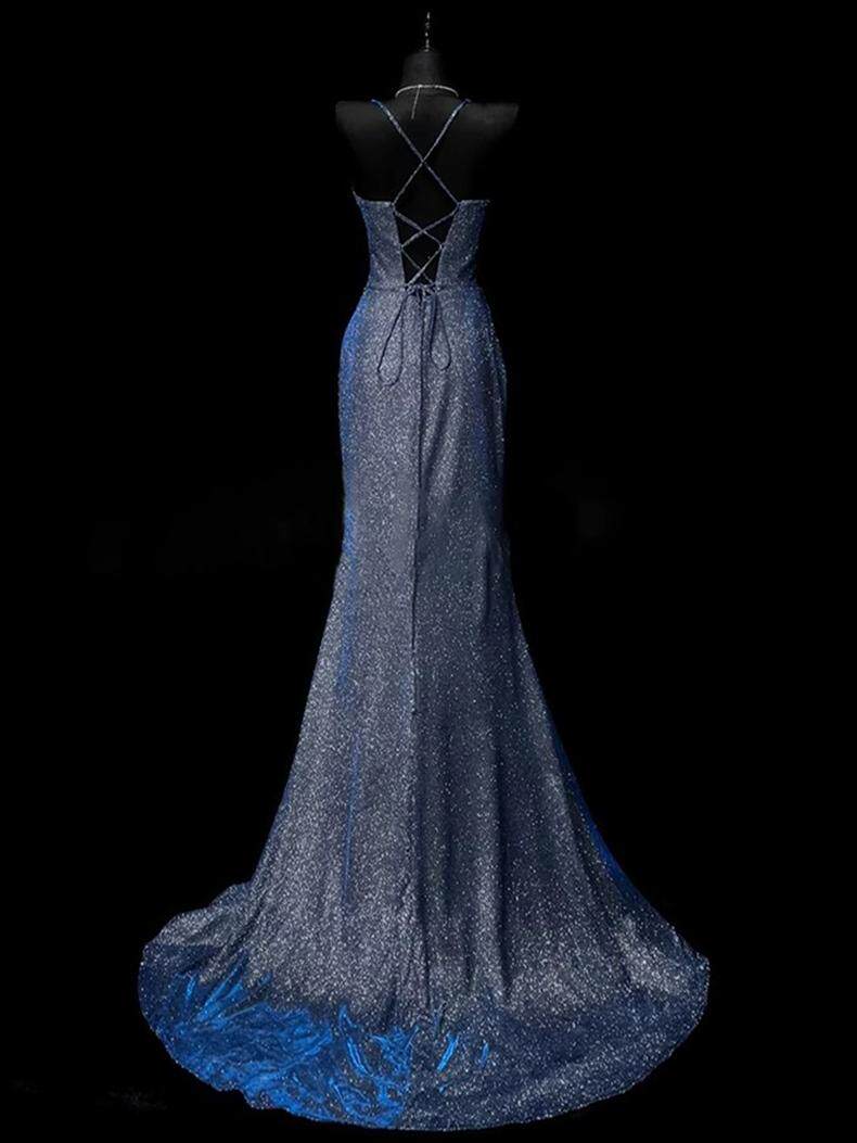 Sparkle Navy  Blue Mermaid Long Prom Dress with Slit  P945