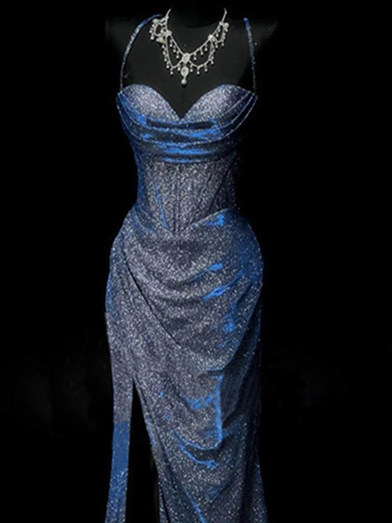 Sparkle Navy  Blue Mermaid Long Prom Dress with Slit  P945