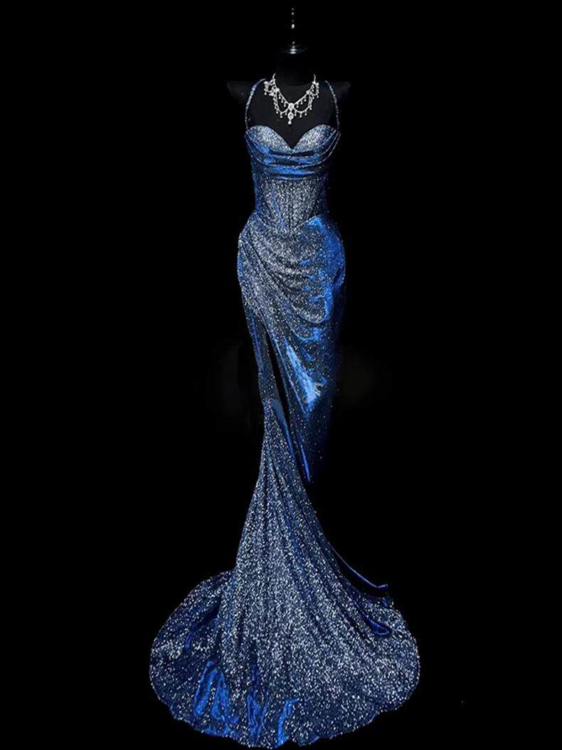 Sparkle Navy  Blue Mermaid Long Prom Dress with Slit  P945