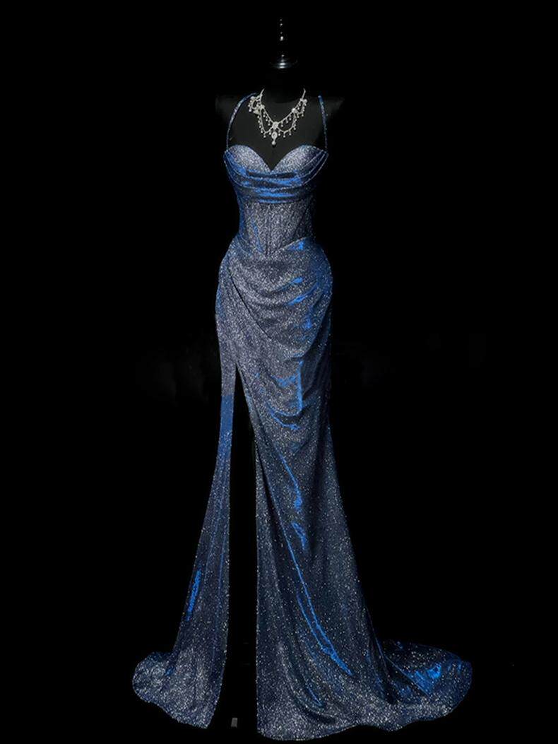 Sparkle Navy  Blue Mermaid Long Prom Dress with Slit  P945
