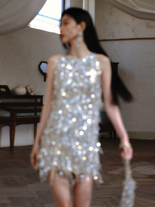 Sparkling Silver Tassel Short Dress Birthday Dress Party Cocktail Dress  L84