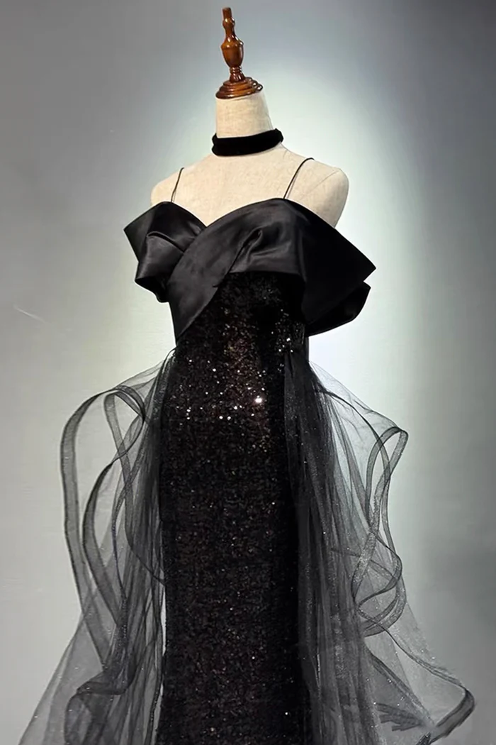 Sparkly Black Evening Gown Off Shoulder Mermaid Prom Dress  P643