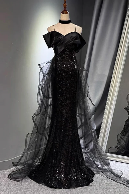 Sparkly Black Evening Gown Off Shoulder Mermaid Prom Dress  P643