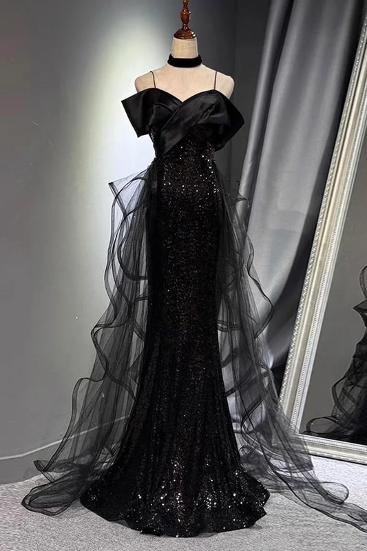 Sparkly Black Evening Gown Off Shoulder Mermaid Prom Dress  P643