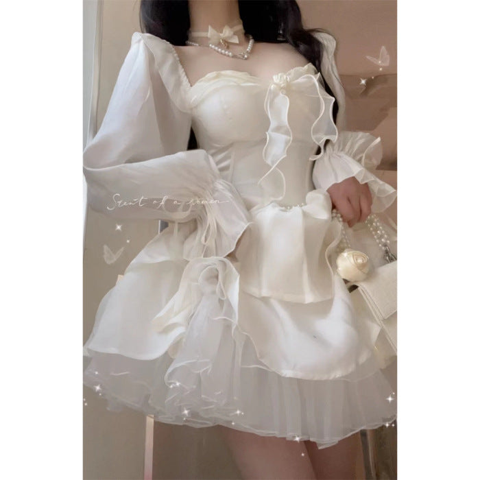 Square Collar Flared Sleeve Puff Skirt Long Sleeve Short Birthday Dress  L71