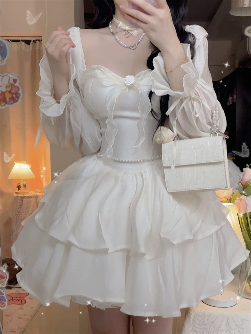Square Collar Flared Sleeve Puff Skirt Long Sleeve Short Birthday Dress  L71