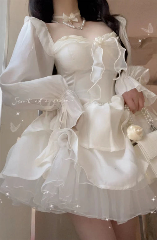 Square Collar Flared Sleeve Puff Skirt Long Sleeve Short Birthday Dress  L71