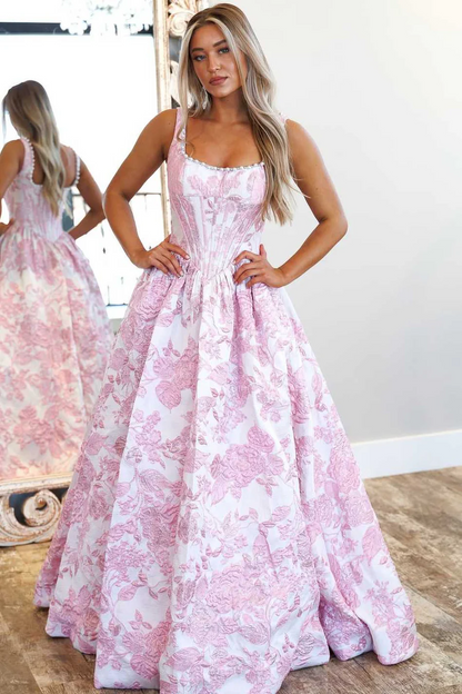 Square Neck A Line Jacquard Pink Long Prom Dress With Pearls  P855