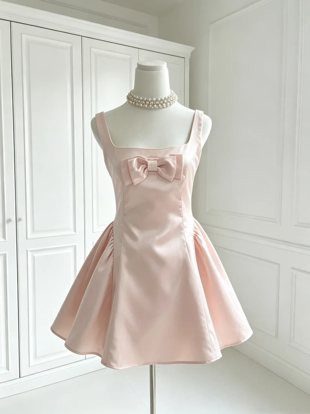 Square Neck A Line Pink Satin Homecoming Dress Short Birthday Dress  P2397