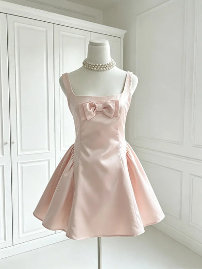 Square Neck A Line Pink Satin Homecoming Dress Short Birthday Dress  P2397