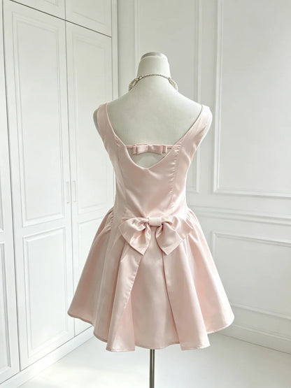 Square Neck A Line Pink Satin Homecoming Dress Short Birthday Dress  P2397