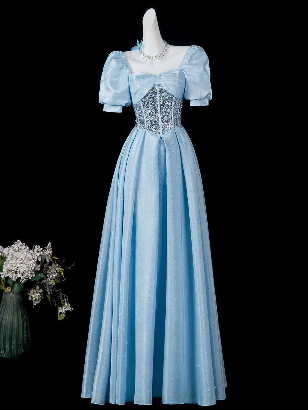 Square Neck Blue Satin Formal Prom Dress Beaded Birthday Gown  P2719
