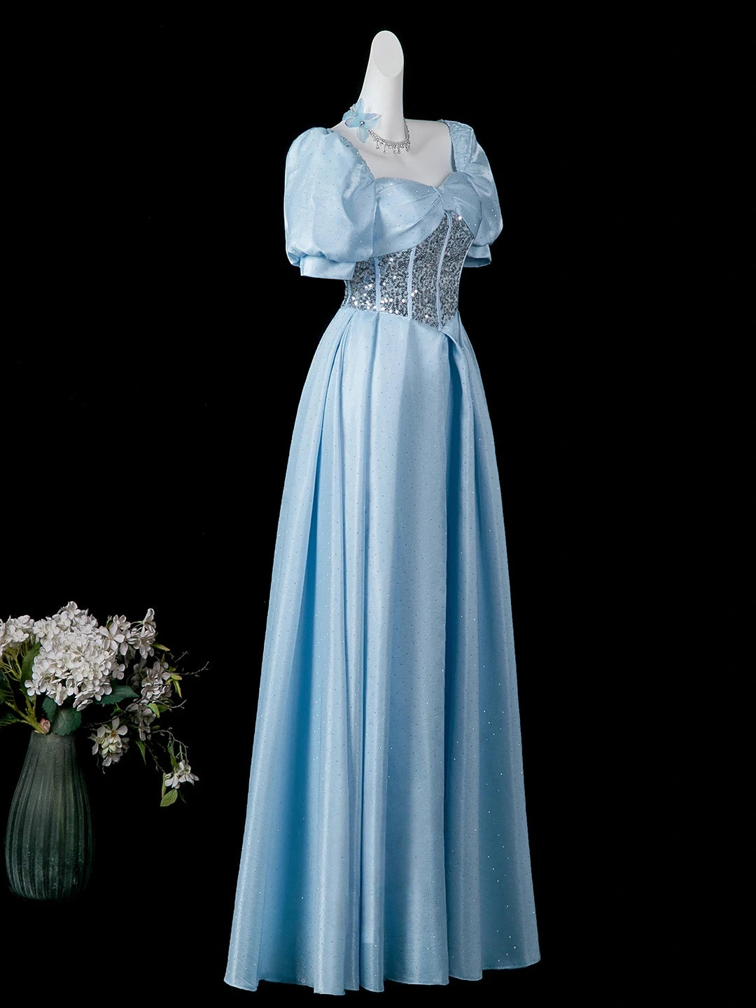 Square Neck Blue Satin Formal Prom Dress Beaded Birthday Gown  P2719