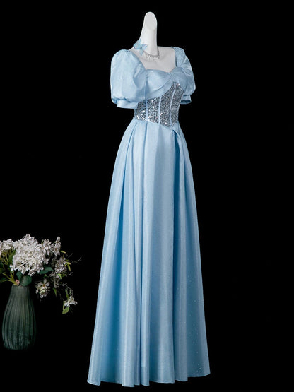 Square Neck Blue Satin Formal Prom Dress Beaded Birthday Gown  P2719