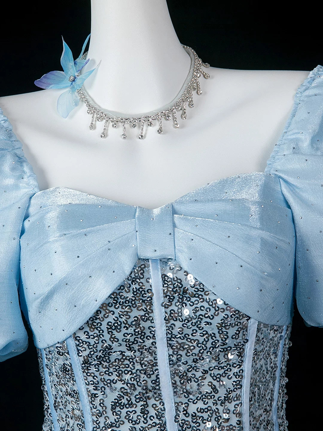 Square Neck Blue Satin Formal Prom Dress Beaded Birthday Gown  P2719