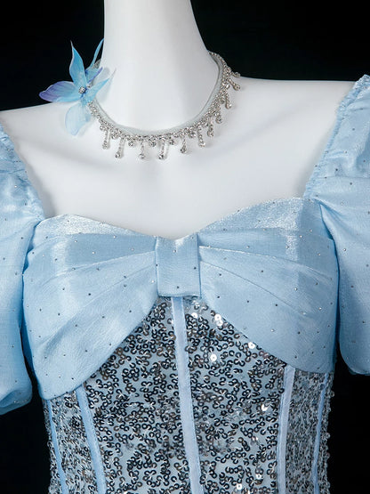 Square Neck Blue Satin Formal Prom Dress Beaded Birthday Gown  P2719