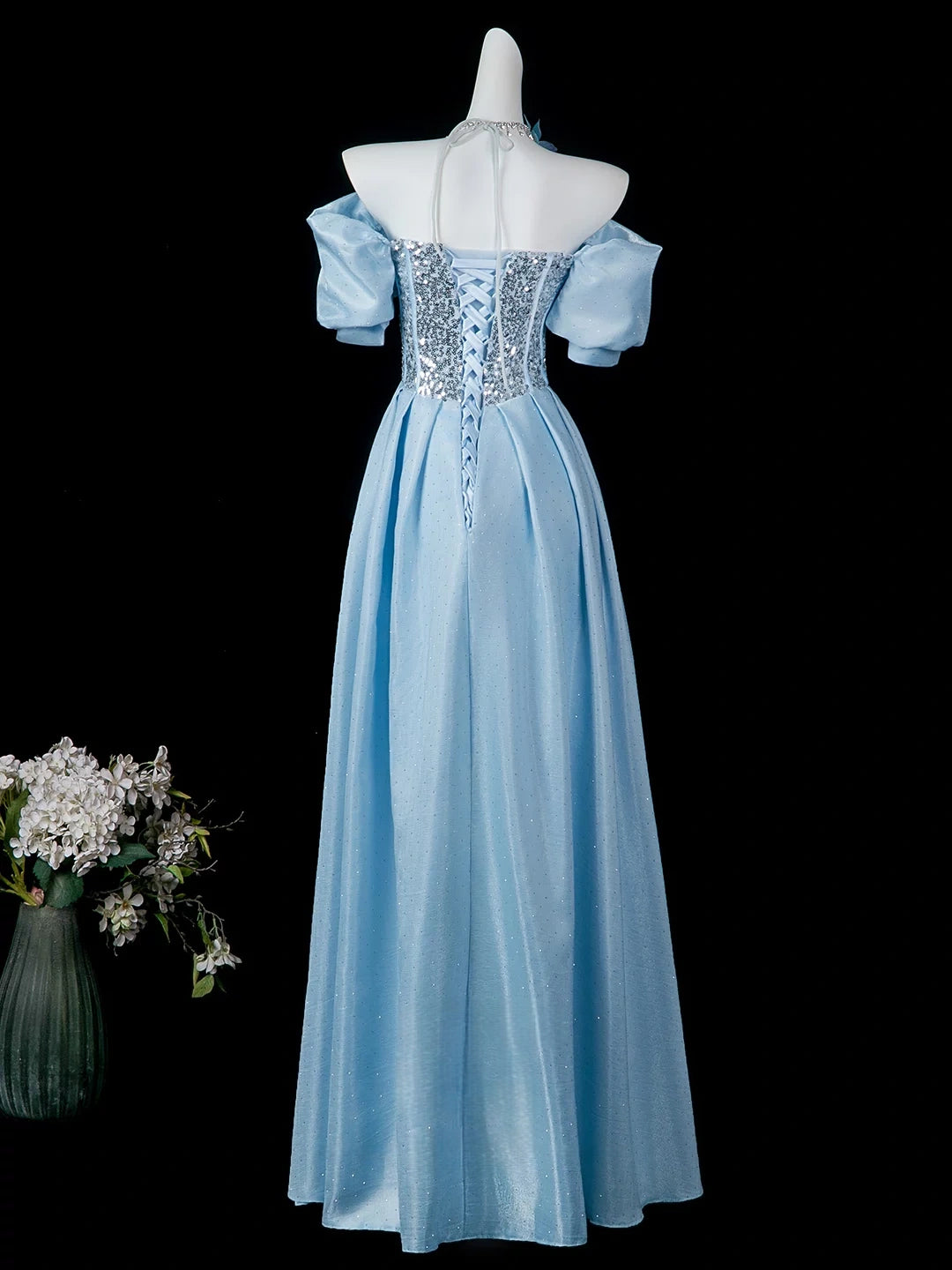 Square Neck Blue Satin Formal Prom Dress Beaded Birthday Gown  P2719