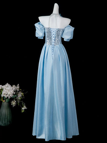 Square Neck Blue Satin Formal Prom Dress Beaded Birthday Gown  P2719