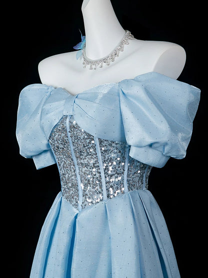 Square Neck Blue Satin Formal Prom Dress Beaded Birthday Gown  P2719