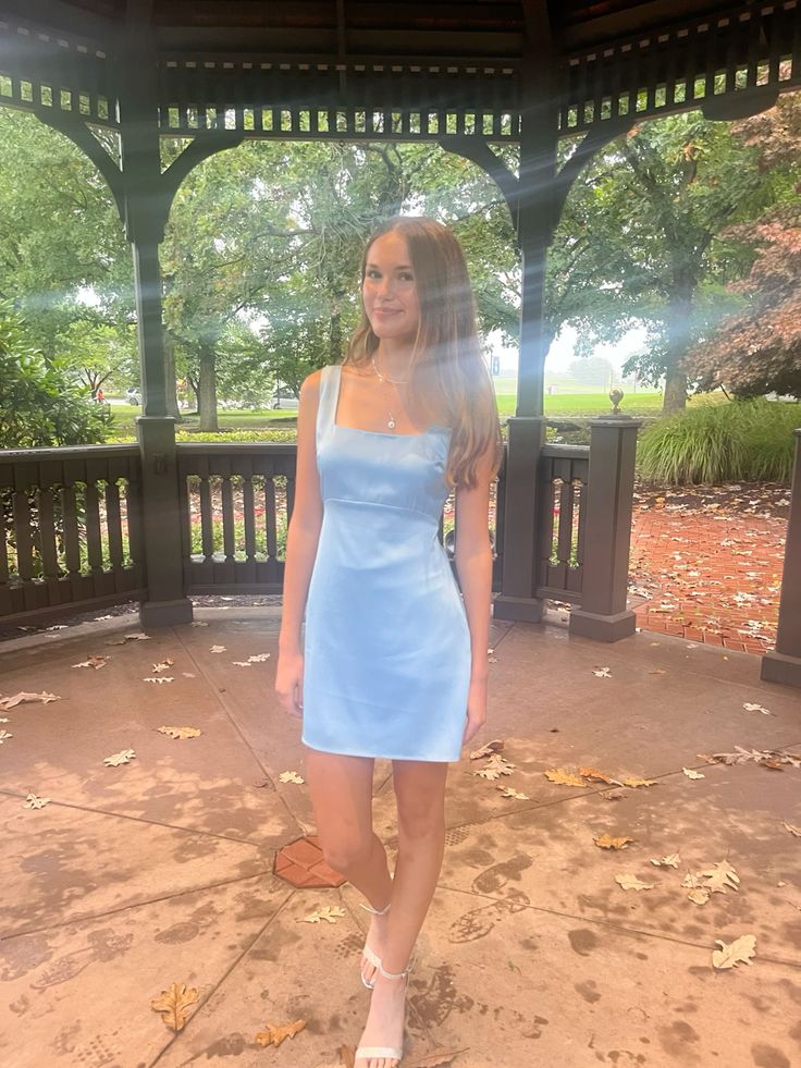 Square Neck Blue Satin Homecoming Dress Short Party Dress  P2020