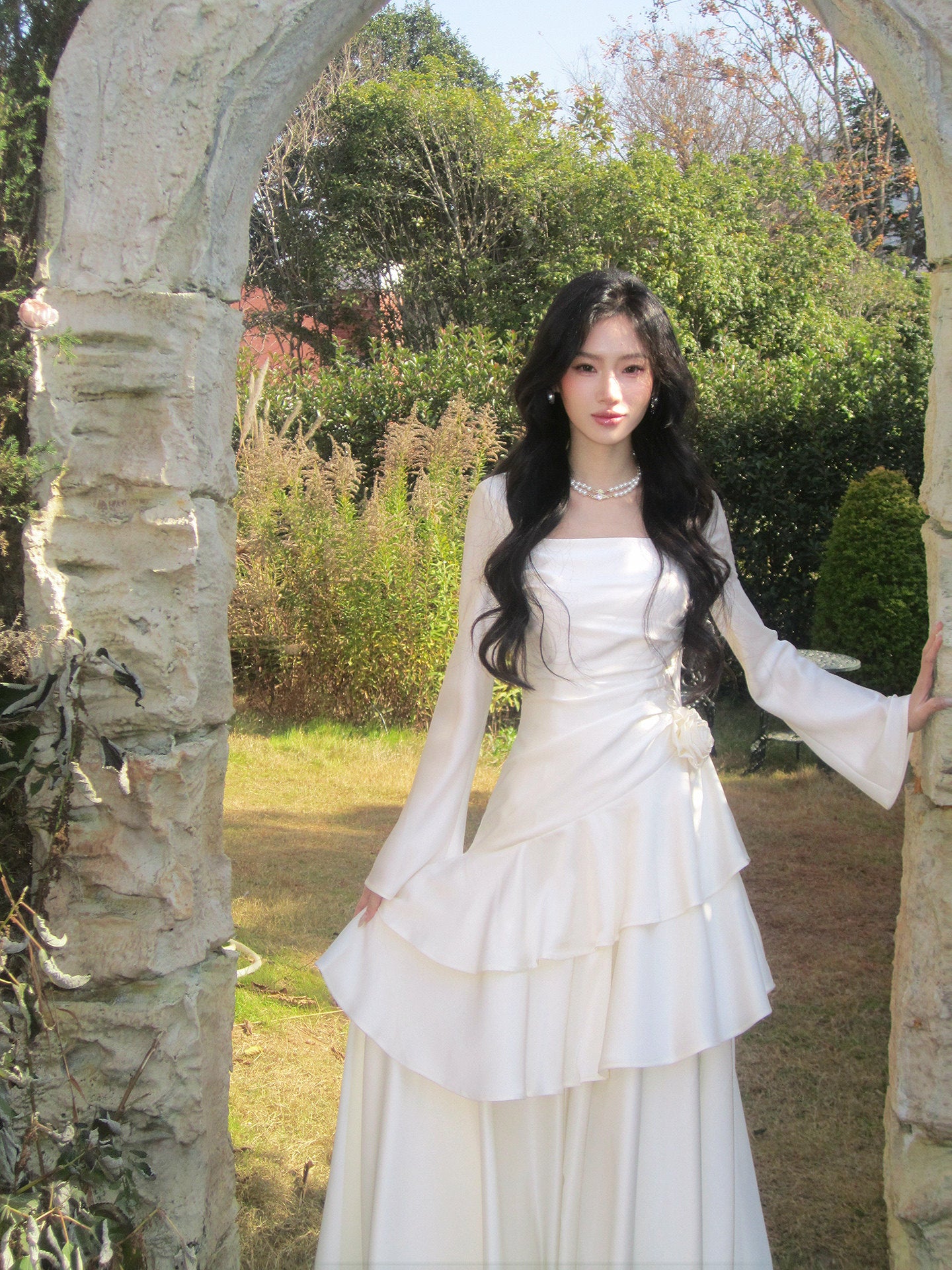 Square Neck Long-sleeve Ruffled Dress A Line Prom Dress  P639