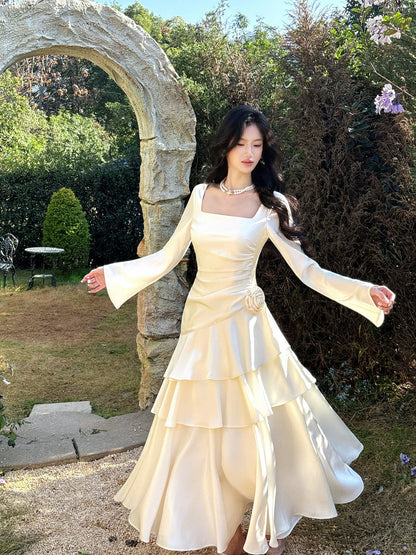 Square Neck Long-sleeve Ruffled Dress A Line Prom Dress  P639