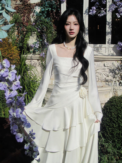 Square Neck Long-sleeve Ruffled Dress A Line Prom Dress  P639