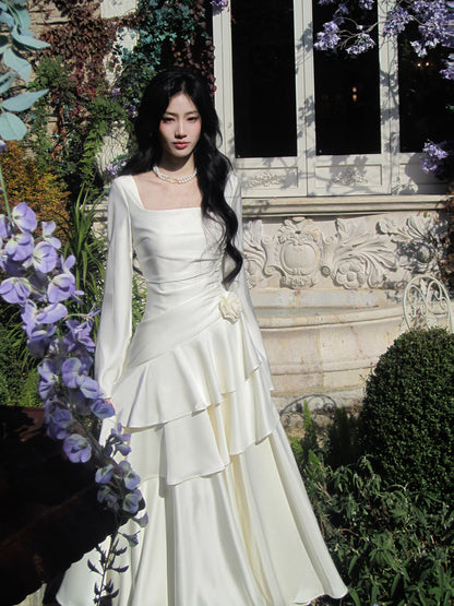 Square Neck Long-sleeve Ruffled Dress A Line Prom Dress  P639