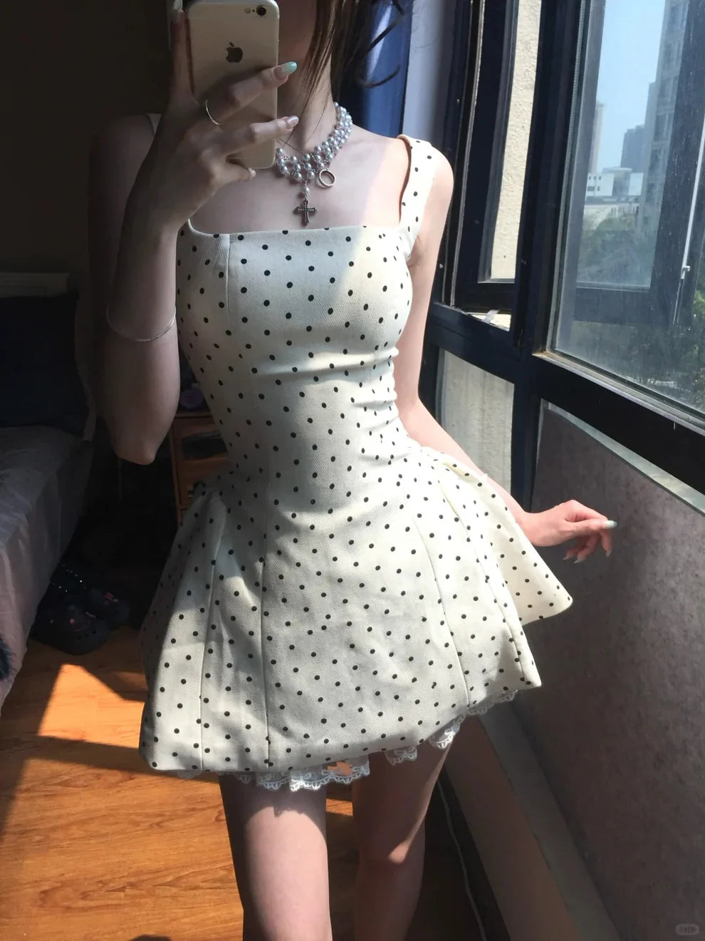 Square Neck Polka Dot Short Homecoming Dress Birthday Dress   P1566